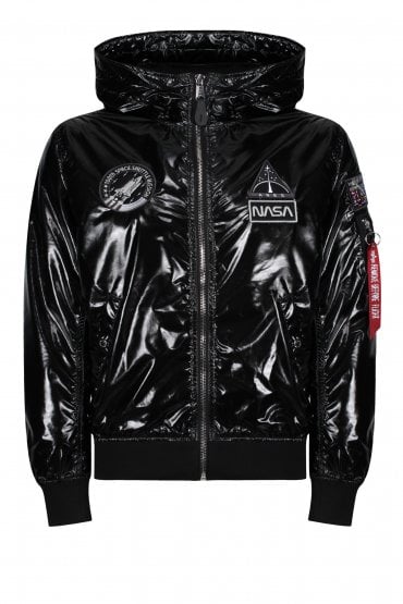 NASA MA-1 LW Hooded Hi Shine Bomber Jacket | Black