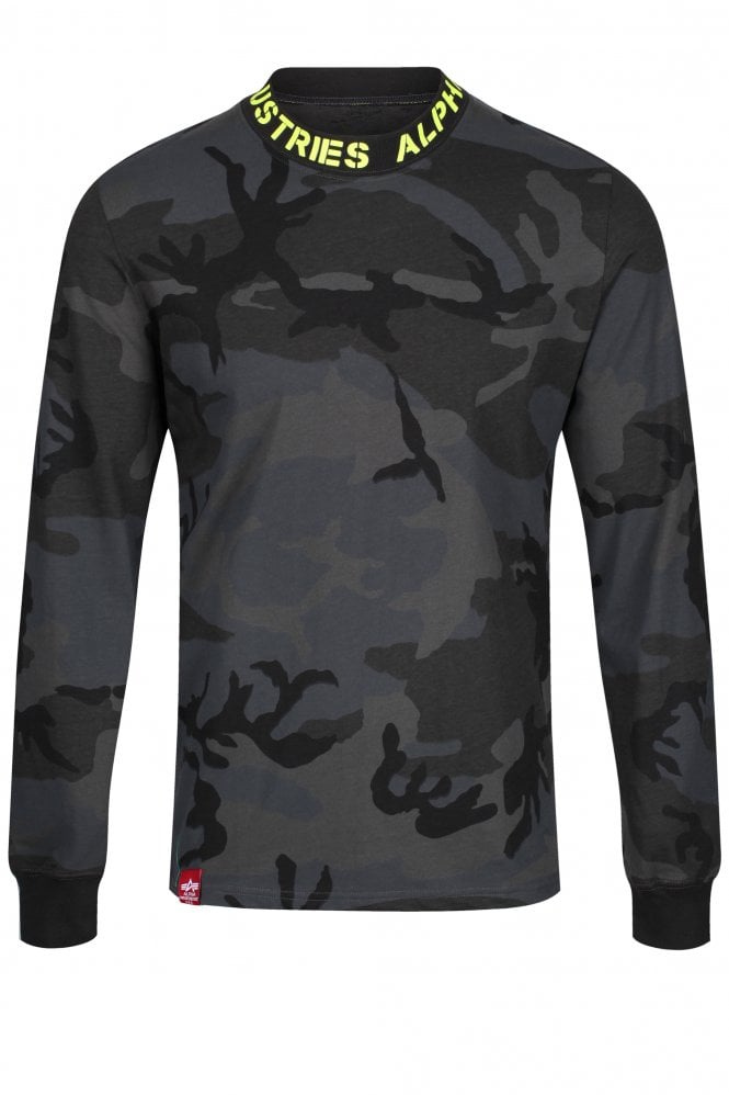 ALPHA INDUSTRIES Neck Print Long Sleeve T-Shirt | Black Camo