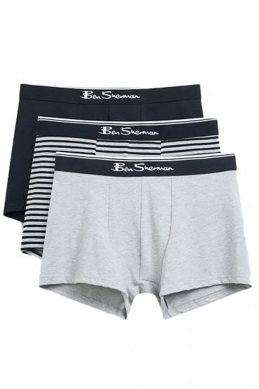 3 Pack Comfort. Stetch Cotton Signature Stripe Trunks | Grey Marl