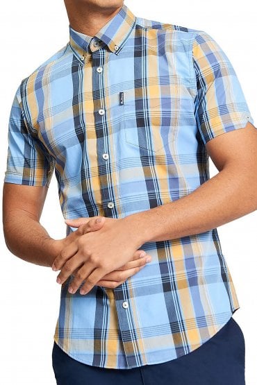 Block Check Men's Short Sleeve Cotton Shirt | Lake Blue