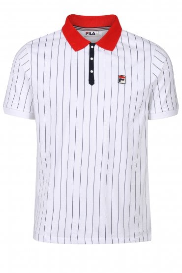 BB1 Borg Wimbledon Mens Striped Polo Shirt | White/Fila Navy/Chinese Red