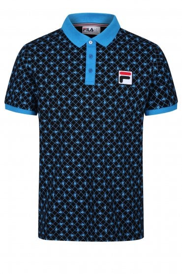 Justus All Over Print Polo Shirt | Black/Blue Aster
