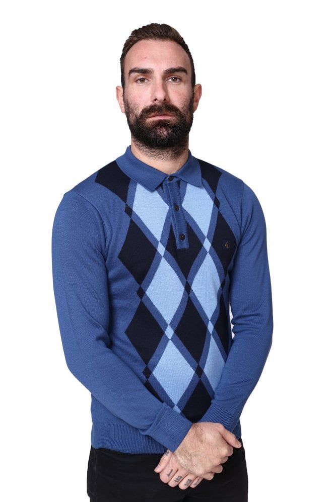 GABICCI Bond Argyle Knit Long Sleeve Polo Shirt | Airforce