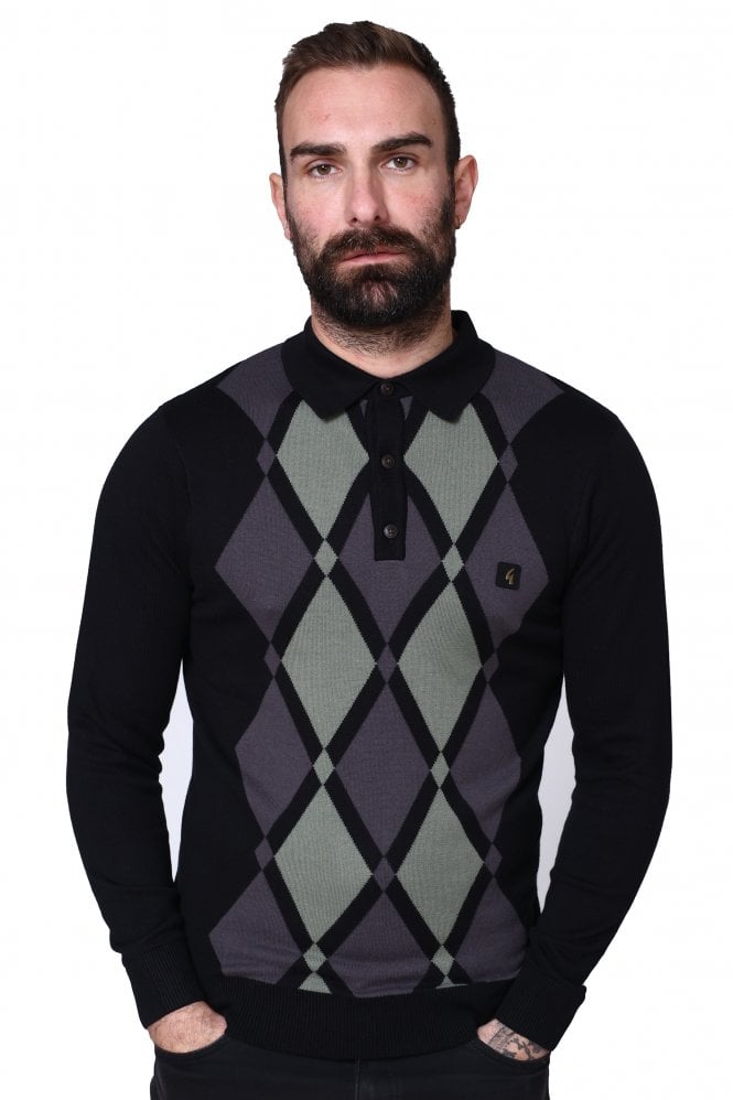 GABICCI Bond Argyle Knit Long Sleeve Polo Shirt | Black