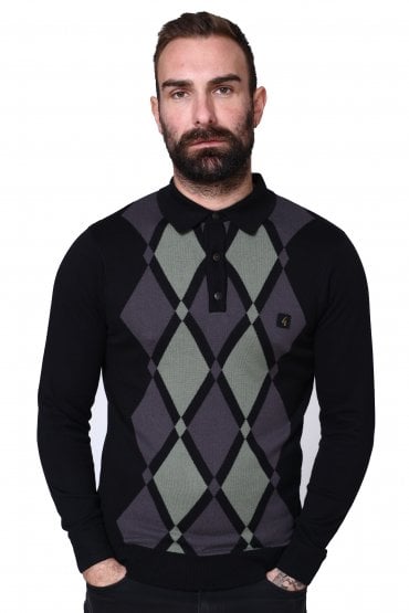 Bond Argyle Knit Long Sleeve Polo Shirt | Black