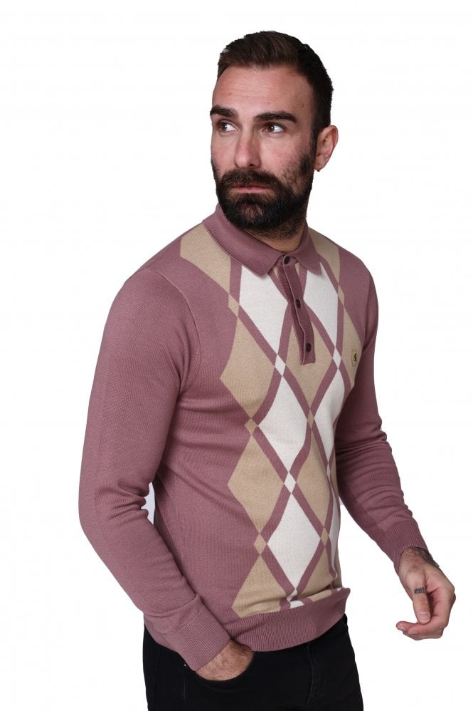 GABICCI Bond Argyle Knit Long Sleeve Polo Shirt | Old Rose