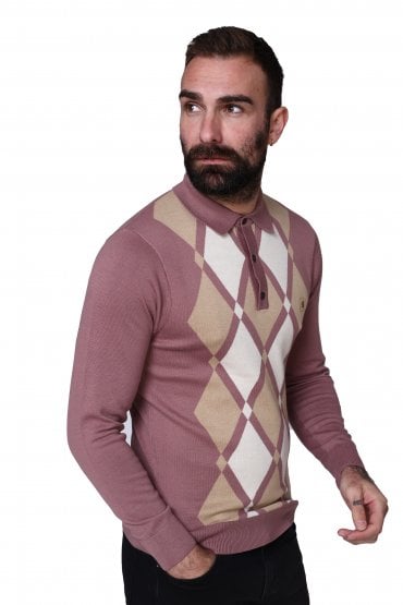 Bond Argyle Knit Long Sleeve Polo Shirt | Old Rose