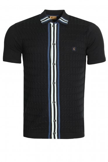 Danecroft Cable Knit Button Through Polo Shirt | Navy