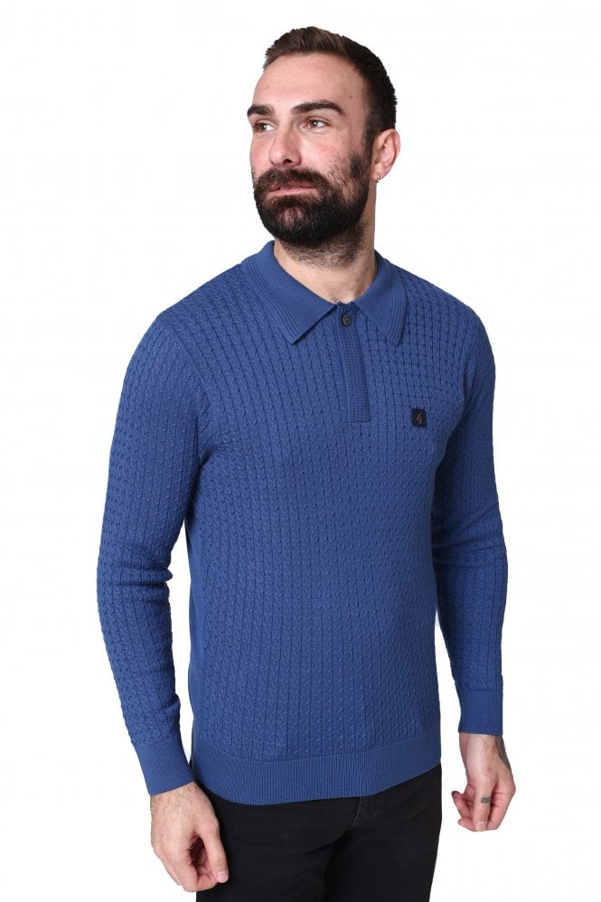 GABICCI Milton Cable Knit Long Sleeve Men's Polo Shirt | Airforce