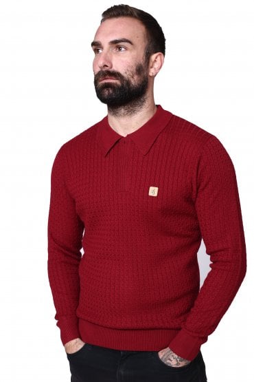 Milton Cable Knit Long Sleeve Men's Polo Shirt | Claret
