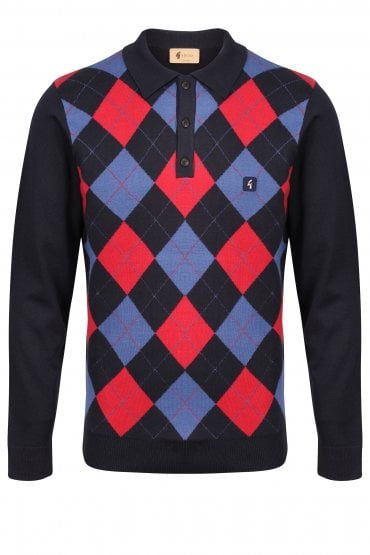 Putter Long Sleeve Argyle Front Polo Shirt | Navy