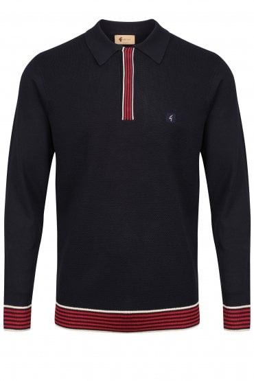 Tread Long Sleeve Stripe Rib Polo Shirt | Navy