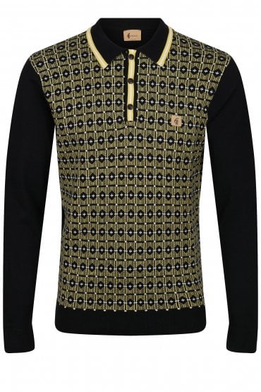 Ernest Long Sleeve Geo Print Mens Polo Shirt - Black