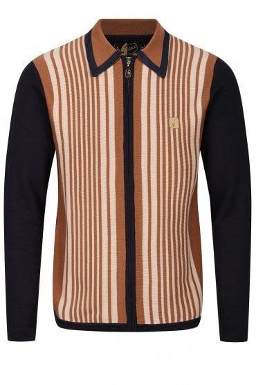 Finney Zip Through Mens Stripe Knit Polo Shirt - Navy