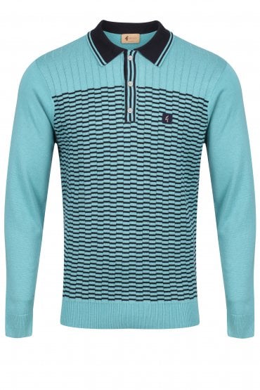 Stagger Long Sleeve Step Stripe Polo Shirt | Duck Egg