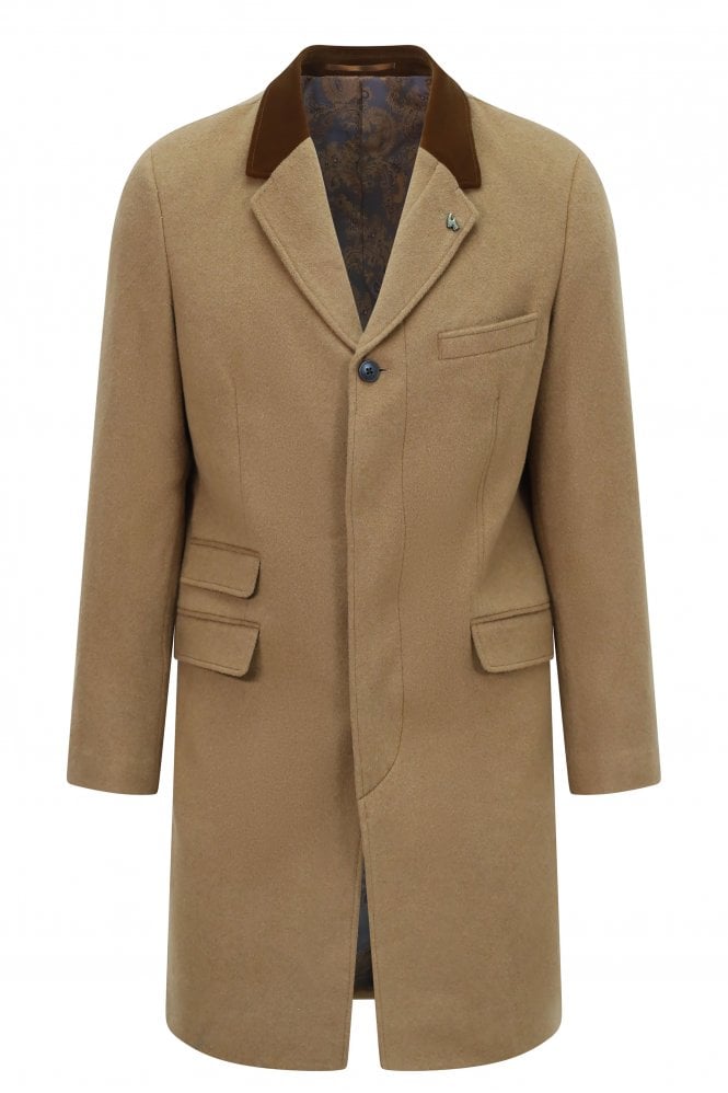 GABICCI Winston Single Breasted Overcoat with Velvet Trim Collar | Camel