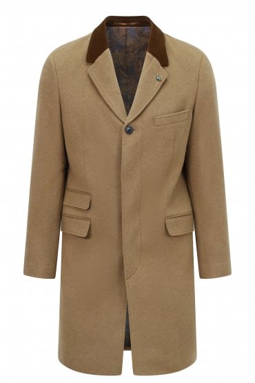Winston Single Breasted Overcoat with Velvet Trim Collar | Camel