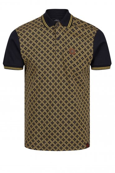 Records Argyle Panel Mens Polo Shirt | Navy/Gold