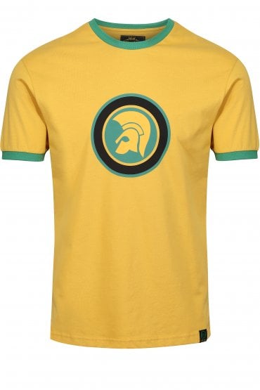 Trojan Circle Helmet Logo Mens Ringer T-Shirt - Mustard
