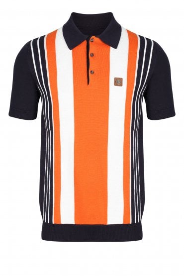 Records Wide Stripe Front Panel Polo Shirt | Navy/Orange