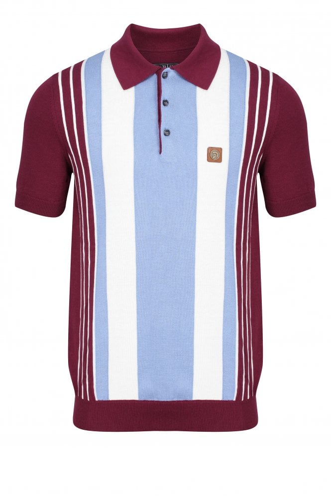 TROJAN SKA & SOUL Records Wide Stripe Front Panel Polo Shirt | Port/Blue/White