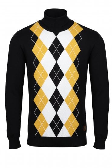 Argyle Knit Rollneck Mens Sweater - Black