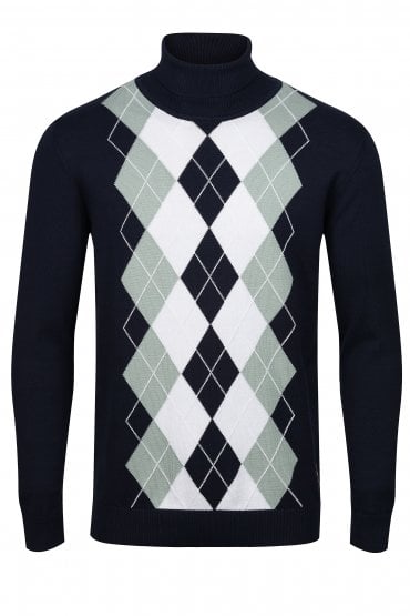 Argyle Knit Rollneck Mens Sweater - Navy