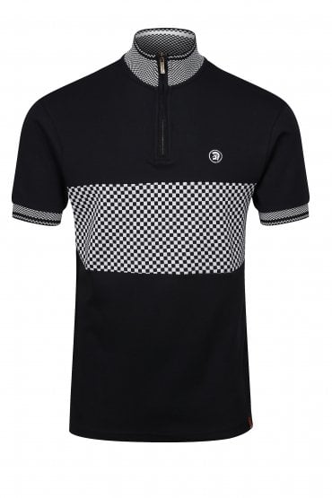 Chequerboard Panel Funnel Zipped Collar Mens Polo Shirt - Black