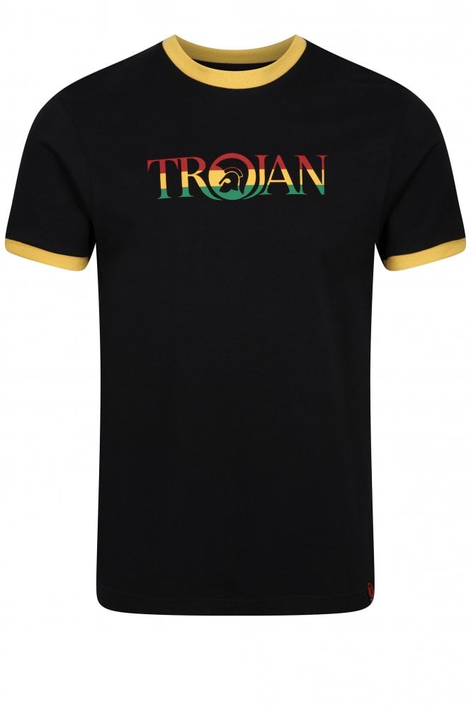 TROJAN SKA & SOUL Helmet Logo Ringer Mens T-Shirt | Black/Rasta