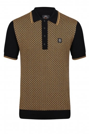 Jacquard Panel Fine Gauge Mens Polo Shirt - Black