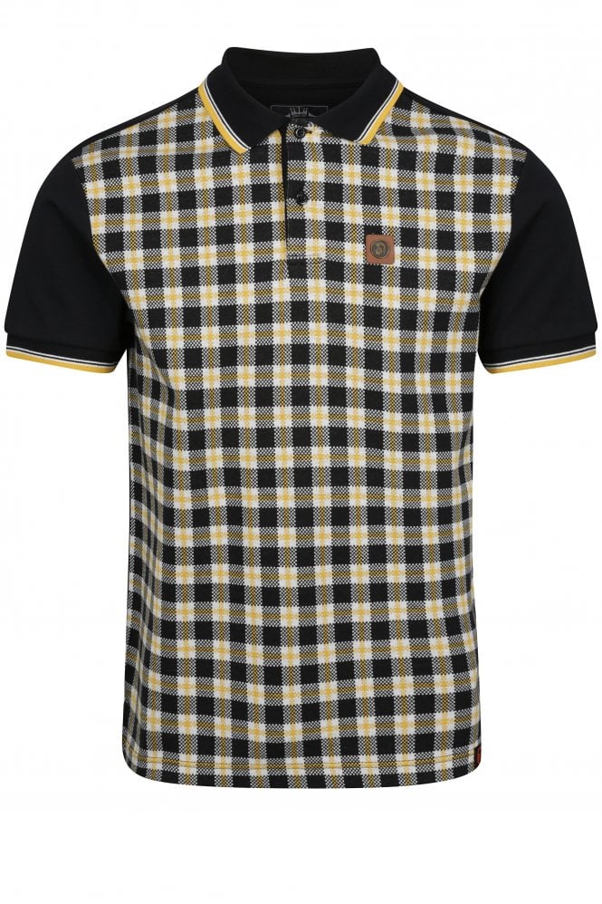 TROJAN SKA & SOUL Records Check Front Panel Tipped Polo Shirt | Black/Yellow