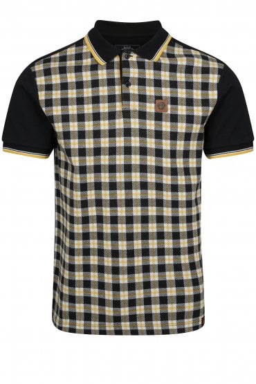 Records Check Front Panel Tipped Polo Shirt | Black/Yellow