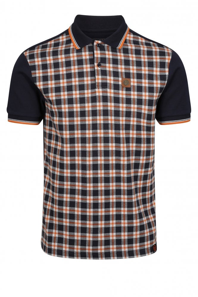 TROJAN SKA & SOUL Records Check Front Panel Tipped Polo Shirt | Navy/Orange