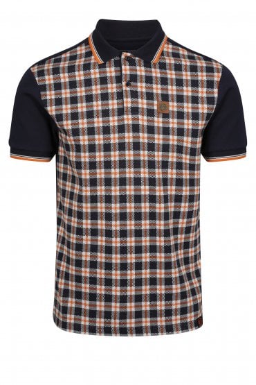 Records Check Front Panel Tipped Polo Shirt | Navy/Orange