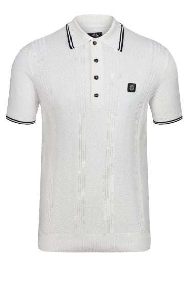 Retro Mod Self Stripe Fine Gauge Mens Polo Shirt - Ecru