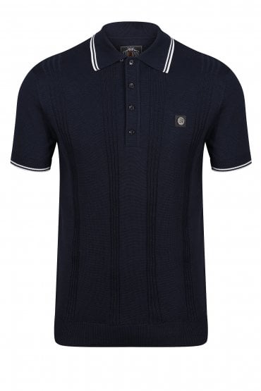 Retro Mod Self Stripe Fine Gauge Mens Polo Shirt - Navy