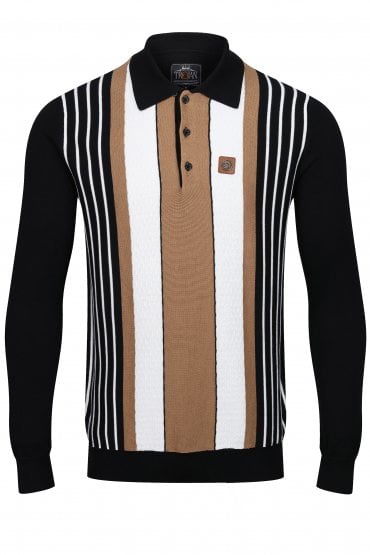 Textured Stripe Fine Gauge Long Sleeve Polo Shirt - Black