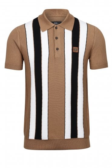 Textured Stripe Fine Gauge Short Sleeve Mens Polo Shirt - Camel