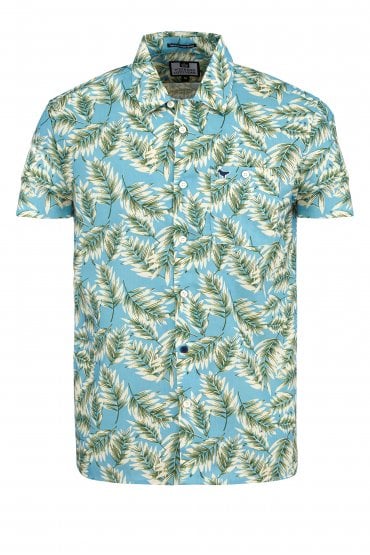 Palm Leaf Short Sleeve Cotton Shirt | Blue Leaf